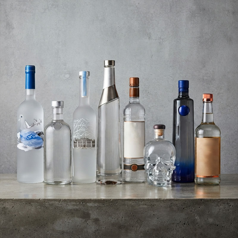Clear and frosted vodka glass bottles