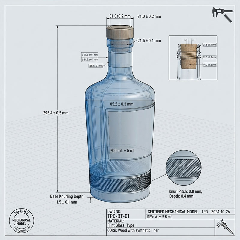 Mechanical 3D drawing for custom glass bottle