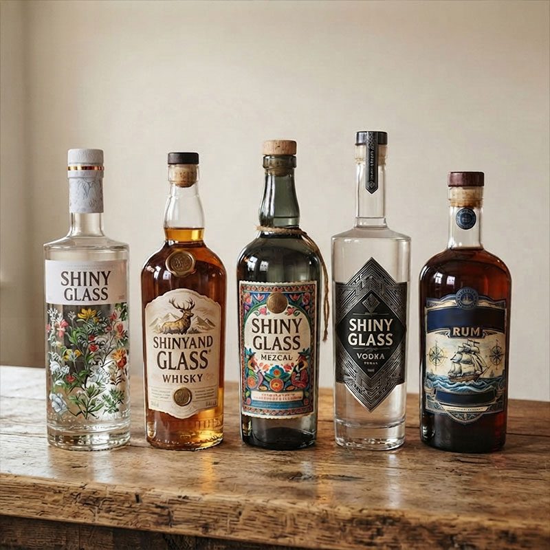 Decal printed liquor bottles with detailed labels