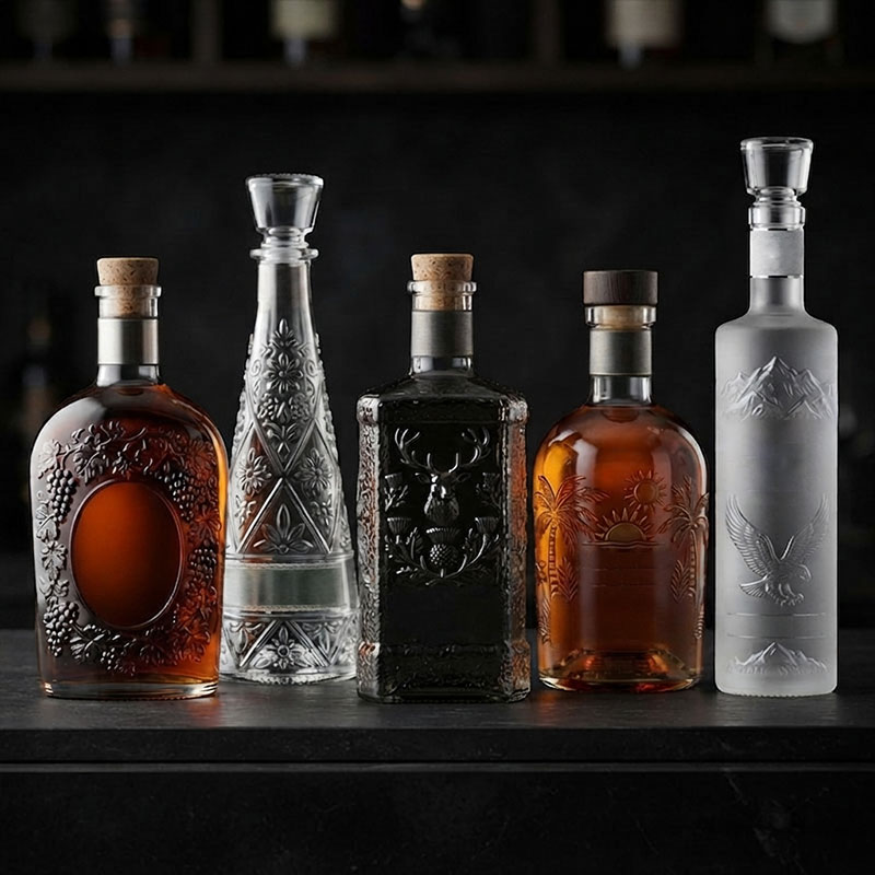 Embossed glass bottles with raised logo patterns