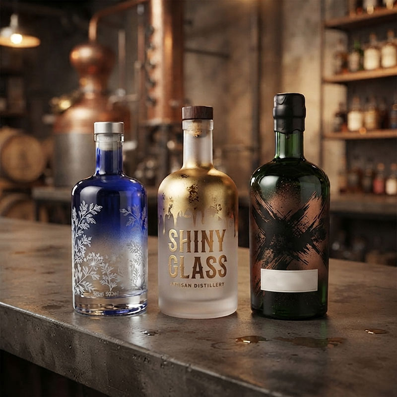Hot stamped glass bottles with metallic foil details
