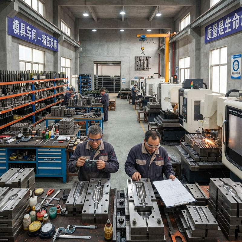 In-house custom mold engineering workshop for glass bottles