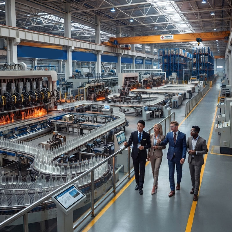 Global buyers visiting direct glass bottle factory production line